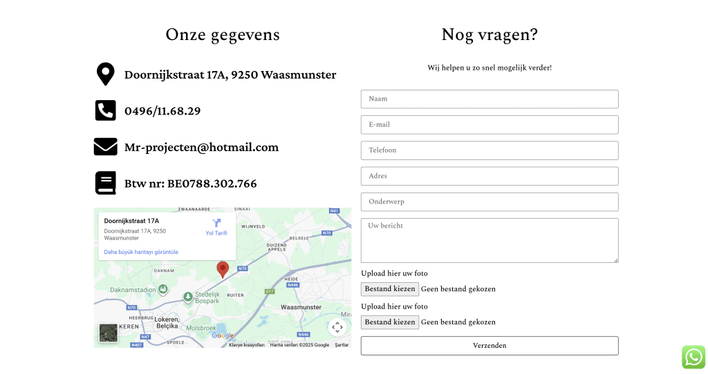 Contactpagina van MR Projecten met formulier en Google Maps – IlkDesign helpt bedrijven een website laten maken