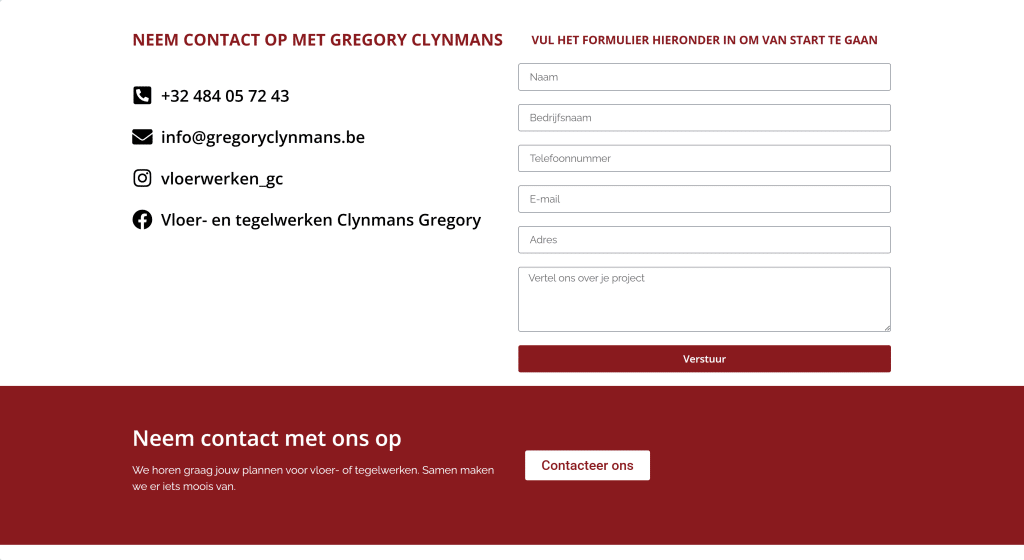 Contactpagina van Gregory Clynmans Vloer & Tegelwerken met formulier – IlkDesign helpt bedrijven een website laten maken