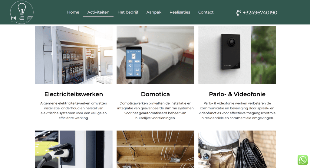 Dienstenpagina M-Elektroproject met afbeeldingen en korte omschrijvingen – IlkDesign