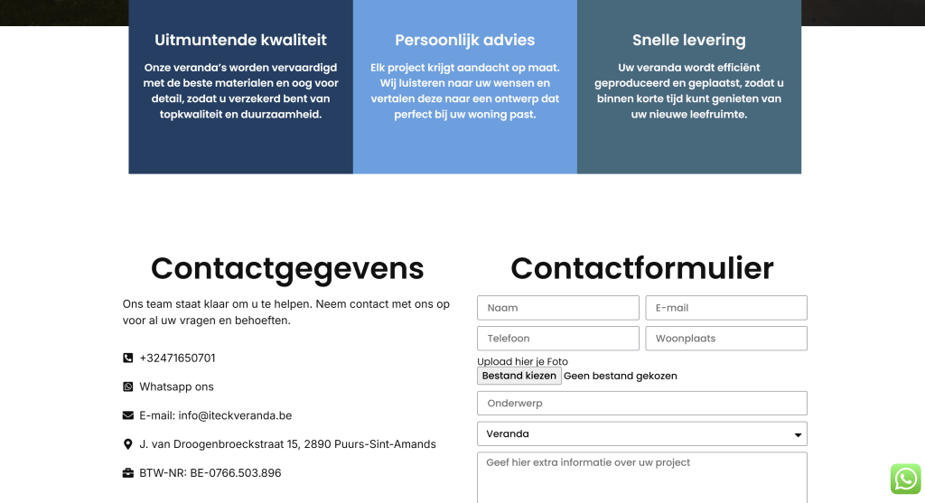 Contactpagina van Iteck Veranda met formulier – IlkDesign helpt bedrijven een website laten maken